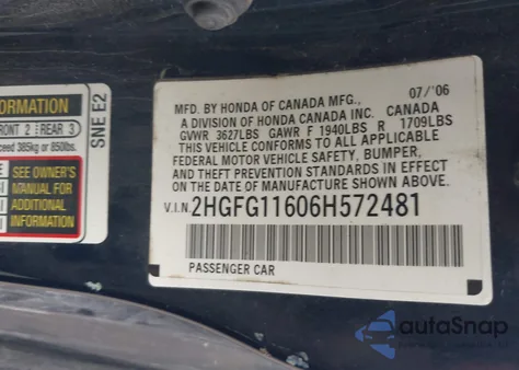 2006 Honda Civic Lx z USA, uszkodzony, nr VIN 2HGFG11606H572481